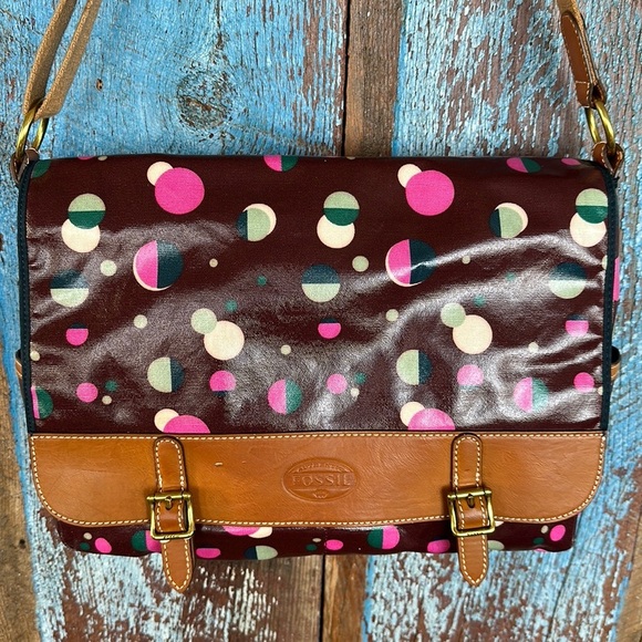 Fossil Burgundy Total Eclipse Coated Canvas Crossbody Laptop Tote Bag - Picture 1 of 8